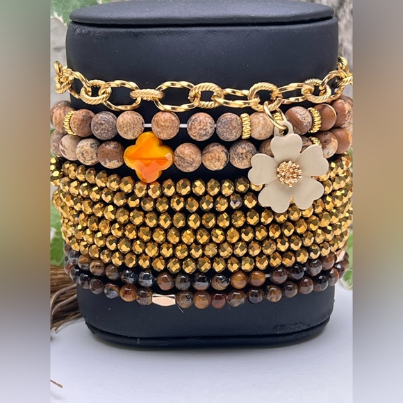 Boho Chic Brown & Gold Stacked Bracelet Set - Stylish Flirty Bracelets Set - Picture 3 of 16